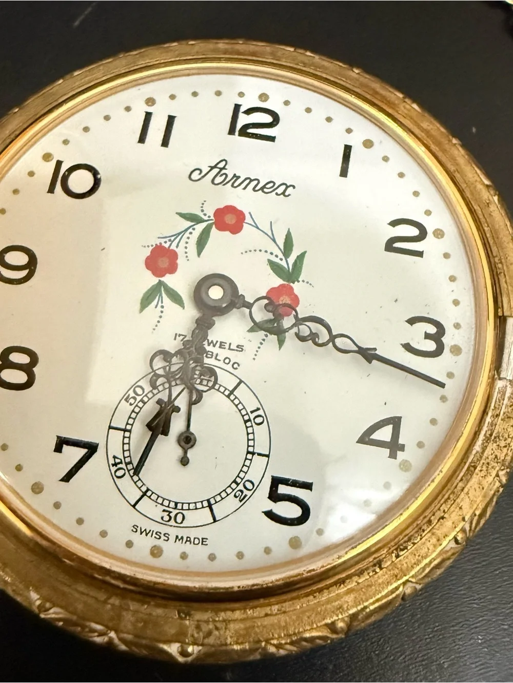 Vintage ARNEX 17 Jewel Incabloc Swiss Fisherman Gold Plated Chain Pocket Watch